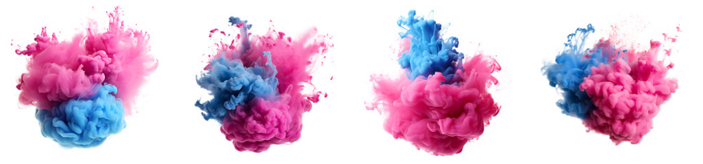 Fototapeta premium Set of blue and pink acrylic ink colored smoke watercolor splashes, Abstract background. Color explosion elements for design, isolated on white and transparent background
