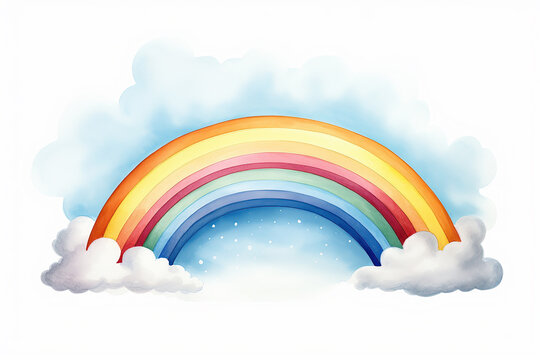 Naive watercolor painting of a rainbow and clouds.