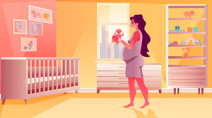 pregnant woman holding newborn baby near crib pregnancy motherhood expectation concept modern bedroom interior