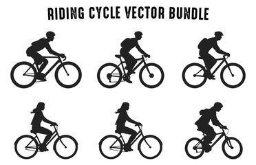 Set of Bicycling Silhouette Collection, Cycling Silhouette Vector Clipart Bundle, Cyclist Riding Bicycle Silhouettes in different Style
