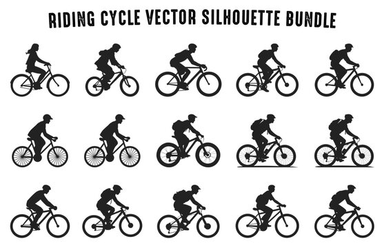 Set of Bicycling Silhouette Collection, Cycling Silhouette Vector Clipart Bundle, Cyclist Riding Bicycle Silhouettes in different Style
