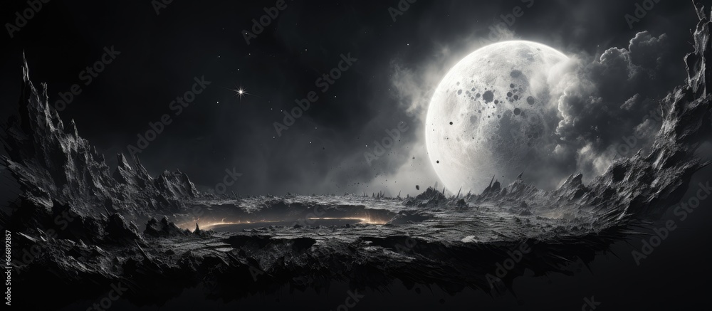 Poster damaged black and white artificial intelligence render of a rough surfaced planet or moon in outer s