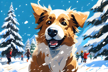 A brown puppy runs excitedly in the park in winter. You look happy. Generative AI.
