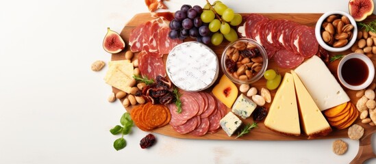 Assorted charcuterie and cheese platter with grapes and nuts viewed from the top with space to copy - Powered by Adobe