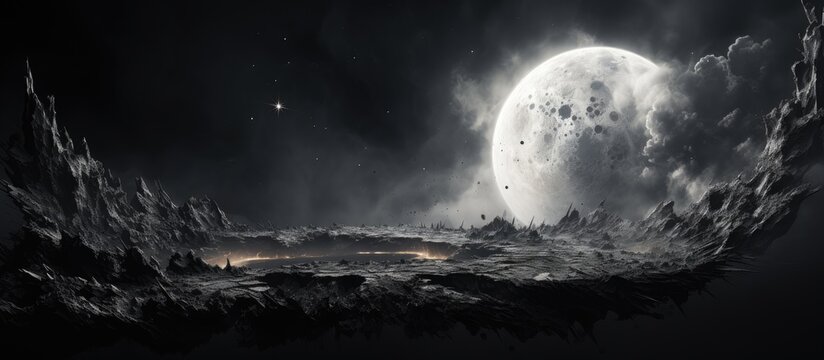 Damaged black and white Artificial Intelligence render of a rough surfaced planet or moon in outer space
