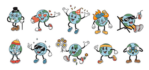 Cartoon planet Earth mascot. Funny globe in style of 1930s rubber hose animation character. Isolated vector illustration set