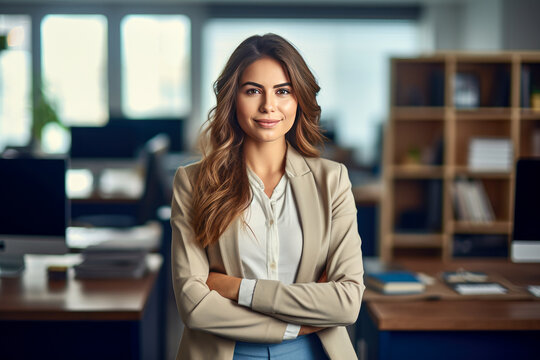 Portrait of a young businesswoman standing with arms crossed in office