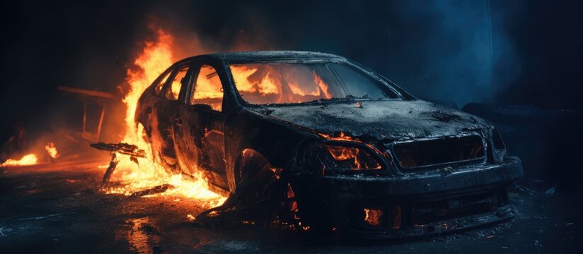 Burnt car fragment Fire damage to bumper and headlights Melted car body Insurance needed for vehicle Fire destroyed part insurance required