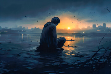 Man sitting on the bank of the river and looking at the sunset