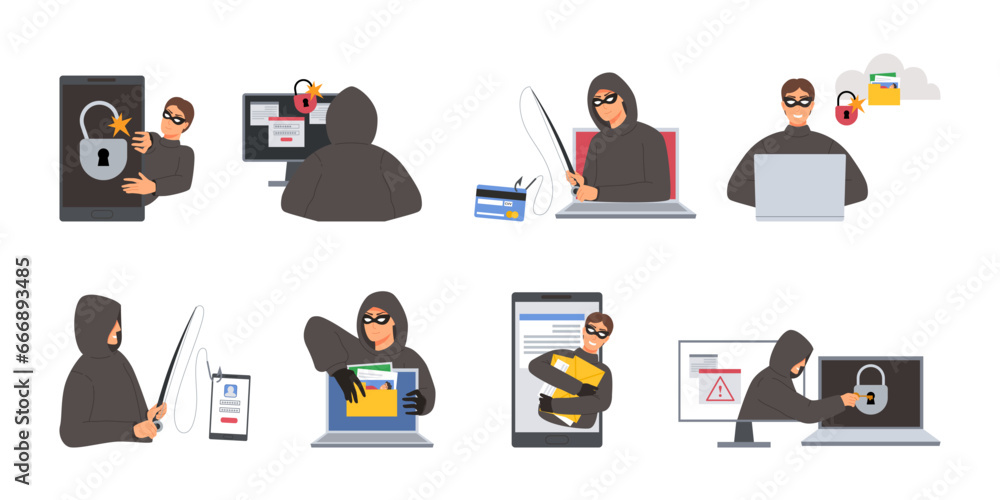 Poster cartoon hacker character. cyber threat for internet privacy and cybersecurity, phishing and hacking 