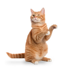 front view, a cute orange ginger cat sits on the ground, raising both paws and looking backward, isolated on transparent background. 