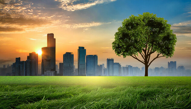 Serene Sunrise Cityscape Green Grass and a Lone Tree