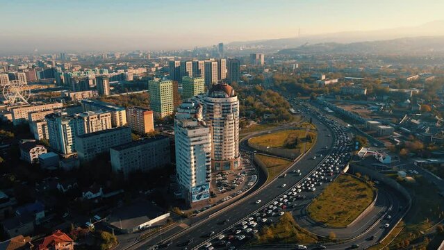 Aerial view panorama of road and cityscape in Almaty