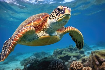 Naklejka na ściany i meble Hawaiian Green Sea Turtle Chelonia mydas, Hawaiian Green Sea Turtle Chelonia mydas in the Red Sea, AI Generated