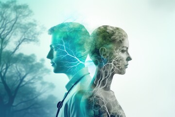 Double exposure of man and woman with glowing brain. Medicine concept , Healthcare and medicine concept. Double exposure, AI Generated