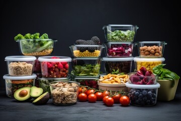 Healthy food selection in plastic containers on black background. Balanced diet concept, Healthy eating concept. Assortment of healthy food in plastic containers, AI Generated