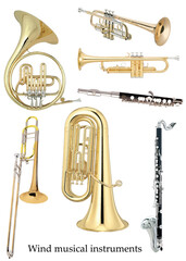 Wind musical instruments on white.