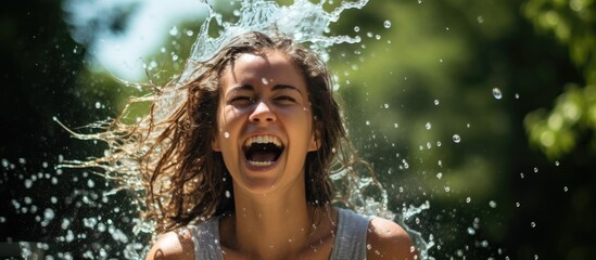 Young woman enjoys a refreshing summer with water play and fun including the ice bucket challenge for a rejuvenating and healthy lifestyle
