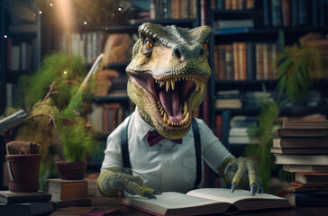 dinosaur scholar in white coat, engrossed in literature amidst a modern office library setting.