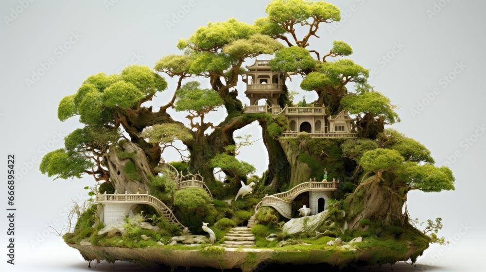 Poster a tree house with a bridge and trees on top of it. generative ai