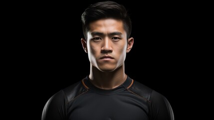 Naklejka premium Young Asian man in rugby dress, closeup American football player portrait on black background, copy space side