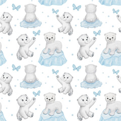 Seamless pattern with cute polar baby bear. Watercolor cartoon hand drawn childish pattern for kids or newborn. Funny little animal on white background