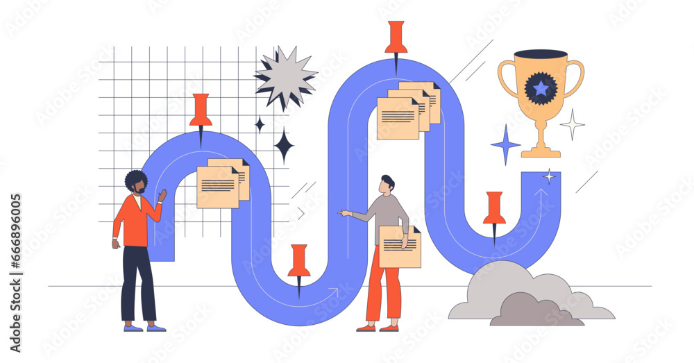 Poster customer journey optimization with improved process retro tiny person concept, transparent backgroun