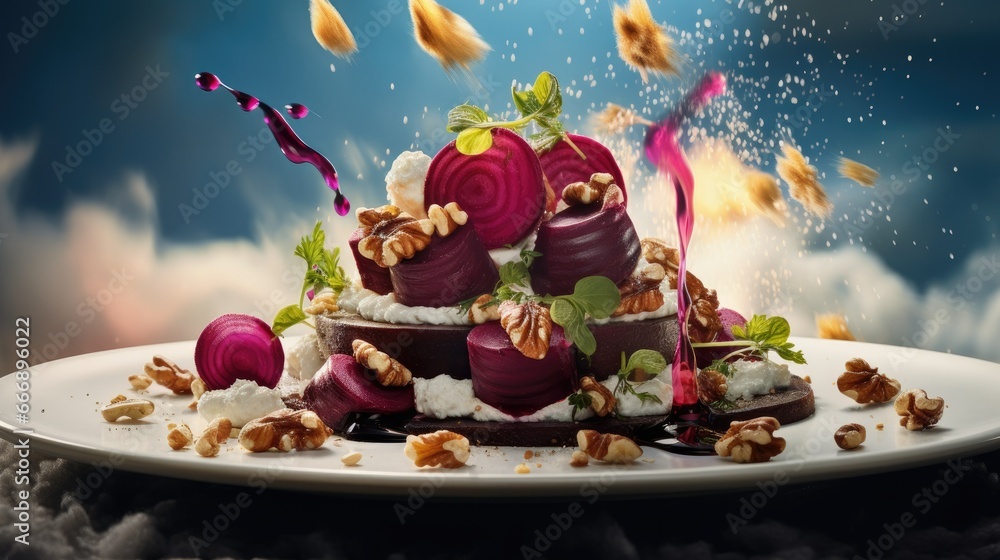 Poster a cake with a lot of toppings on top of it. generative ai