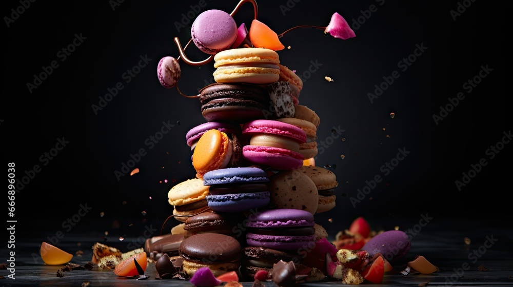 Poster a pile of colorful macaroons falling on top of each other. generative ai