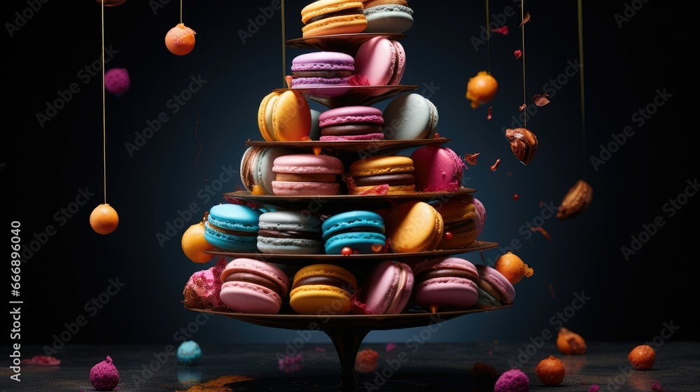 Poster a tower of colorful macaroons falling from the sky. generative ai