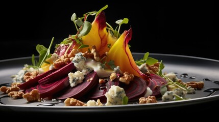  a plate of food with beets, nuts and blue cheese.  generative ai