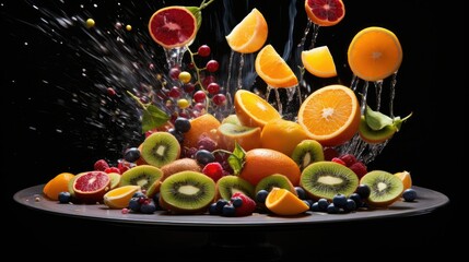  a bunch of fruit that are on a plate with water. generative ai