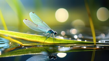  a dragon fly sitting on top of a leaf in the water.  generative ai - obrazy, fototapety, plakaty