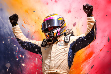 race car driver celebrating a win - obrazy, fototapety, plakaty