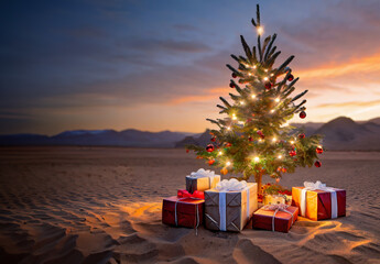 A festive Christmas tree with illuminated decorations and gifts in a desert landscape at sunset - obrazy, fototapety, plakaty