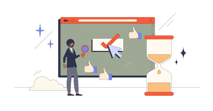 Conversion rate optimization to improve website efficiency retro tiny person concept, transparent background. Business marketing campaign with targeted audience for best results illustration.