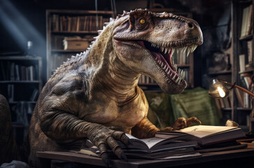 dinosaur scholar in white coat, engrossed in literature amidst a modern office library setting.