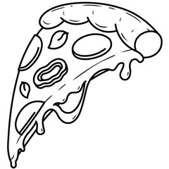 Transparent cartoon cheese italian pizza slice hand draw black and white line art graphic illustration clip art element.