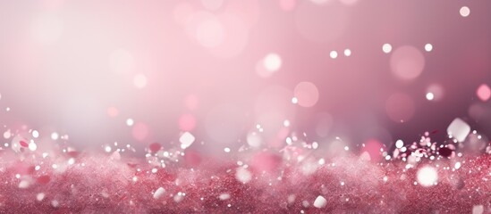 Fototapeta na wymiar Pink abstract background with falling snow flakes and defocused bokeh blank space for your content