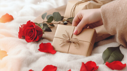 Hand with gift and rose flower