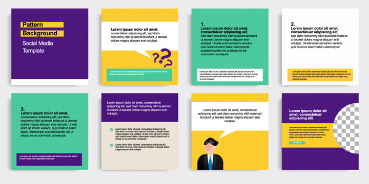 Minimal modern style of social media post banner layout template pack in purple, green combination background color with simple text box elements