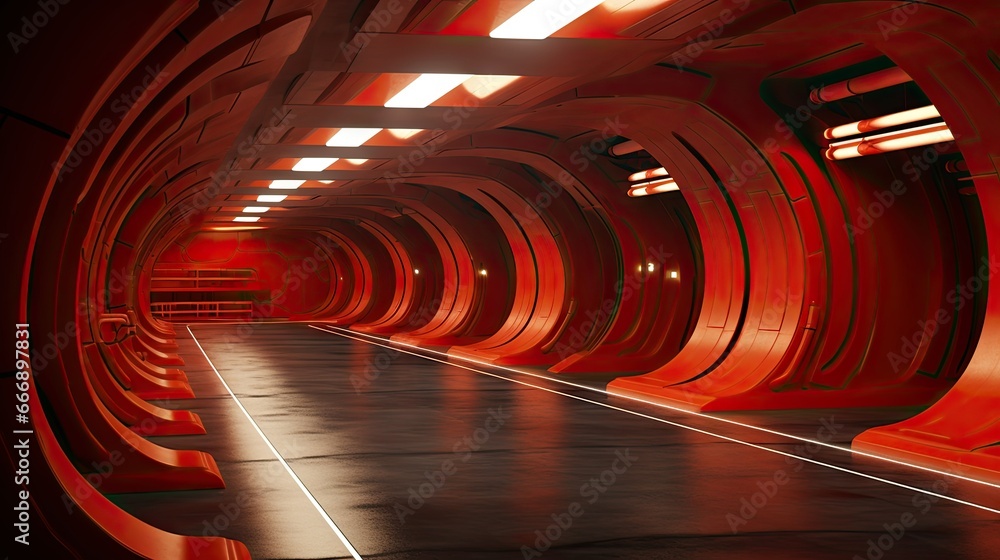Poster a long tunnel with red walls and a white line going through it. generative ai