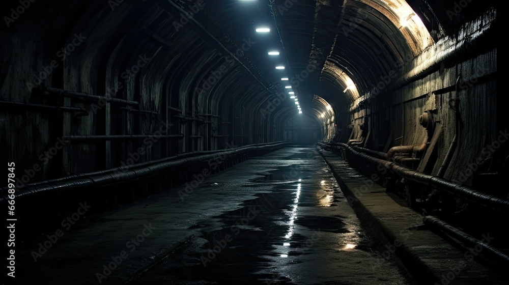 Aufkleber a dark tunnel with a bench in the middle of it. generative ai