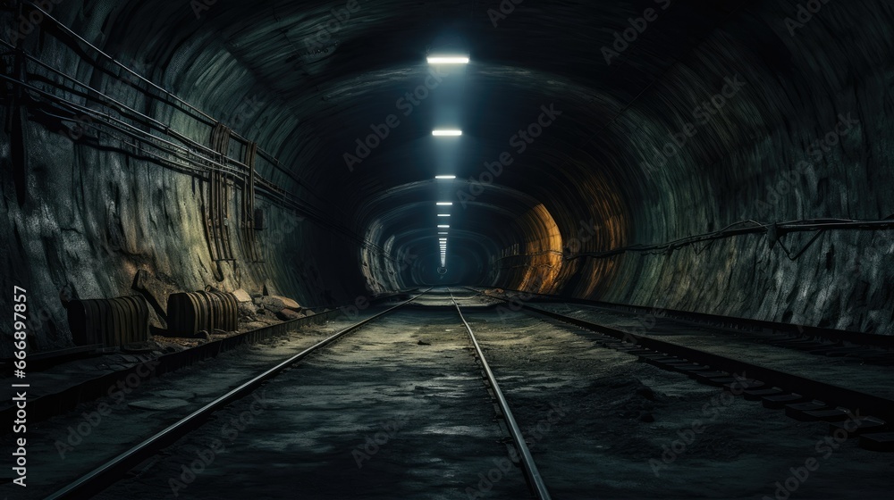 Poster a train track going into a tunnel with light at the end. generative ai