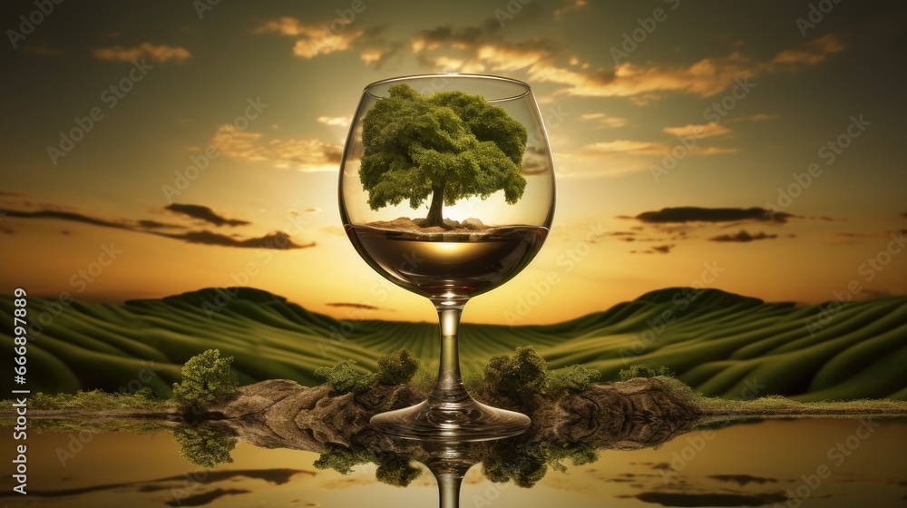 Poster a glass of wine with a tree in it and a sunset in the background. generative ai