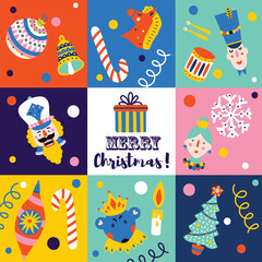 Naklejka premium Nutcracker. Cute Christmas vector card. Christmas colorful motifs.