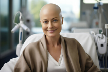 bald smiling woman in hospital being treated for cancer - obrazy, fototapety, plakaty