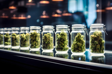 jars of cannabis buds on dispensary shelf - obrazy, fototapety, plakaty