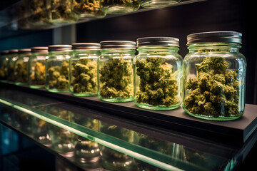 jars of cannabis buds on dispensary shelf - obrazy, fototapety, plakaty