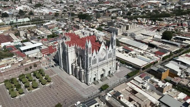 Church Of The Sacred Heart of Jesus In The City of Leon, Guanajuato, Mexico. Aerial Drone Shot